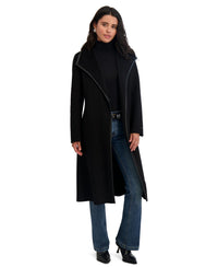 TAHARI Women's Double Faced Faux Leather Trimmed Long Wool-Blend Coat