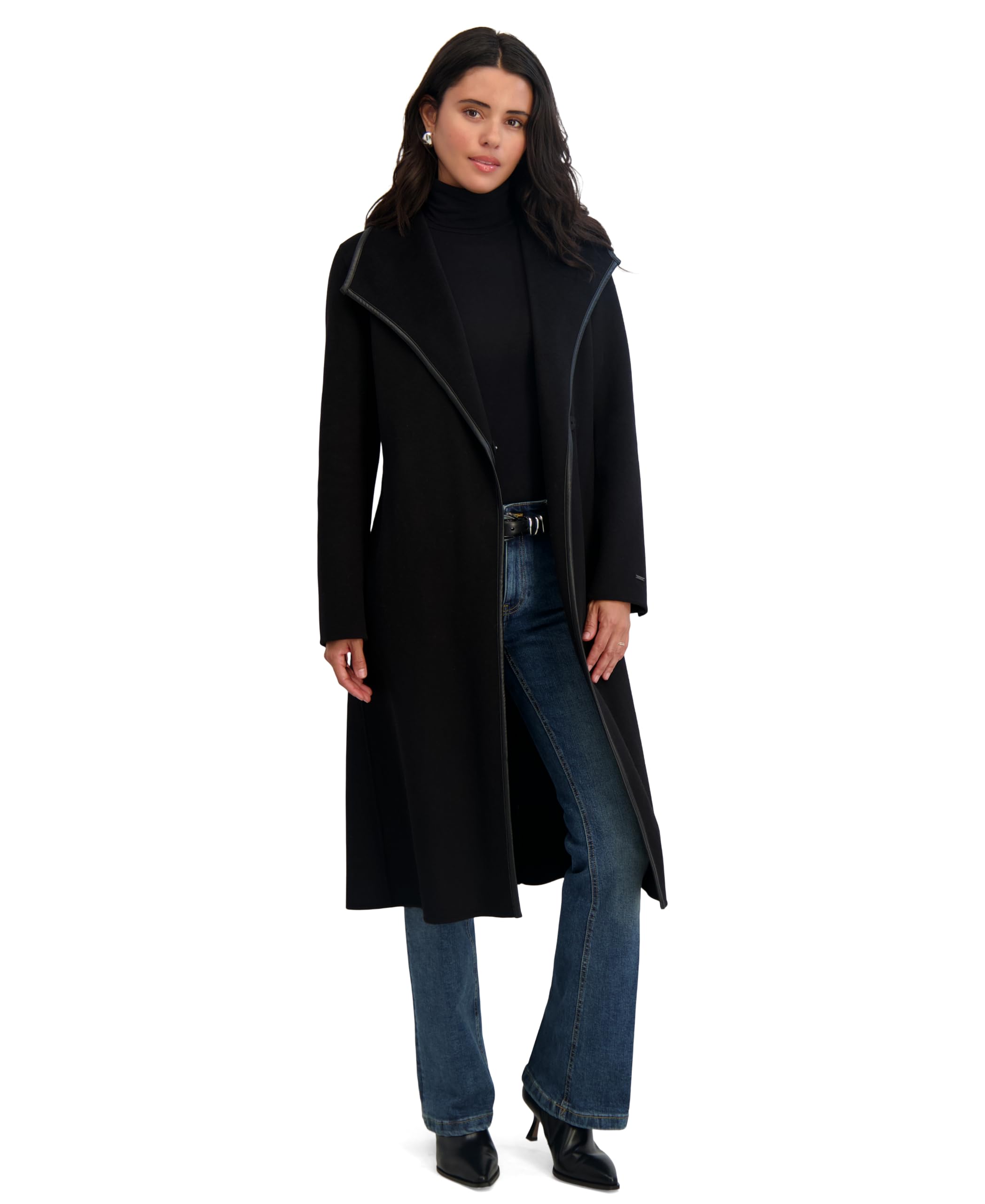 TAHARI Women's Double Faced Faux Leather Trimmed Long Wool-Blend Coat