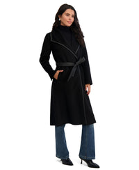 TAHARI Women's Double Faced Faux Leather Trimmed Long Wool-Blend Coat