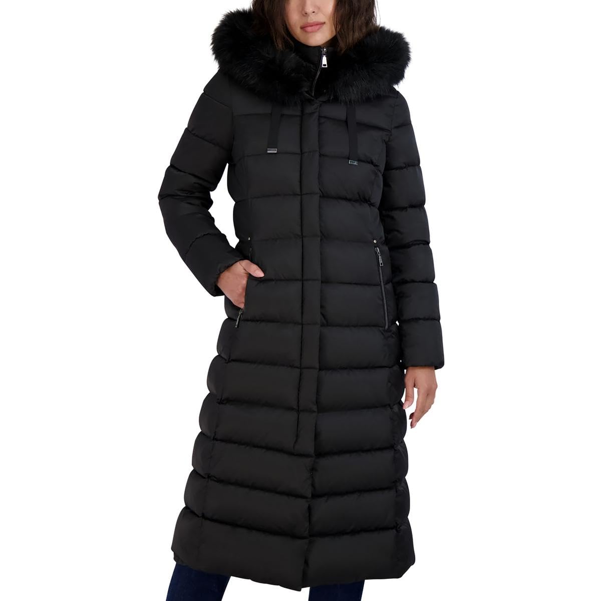 TAHARI Women's Phoebe Oversized Faux Fur Trim Maxi Coat