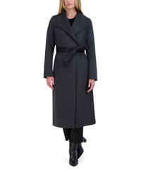 TAHARI Women's Double Faced Faux Leather Trimmed Long Wool-Blend Coat