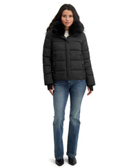 TAHARI Women's Short Quilted Puffer Jacket with Faux Fur Collar & Detachable Hood