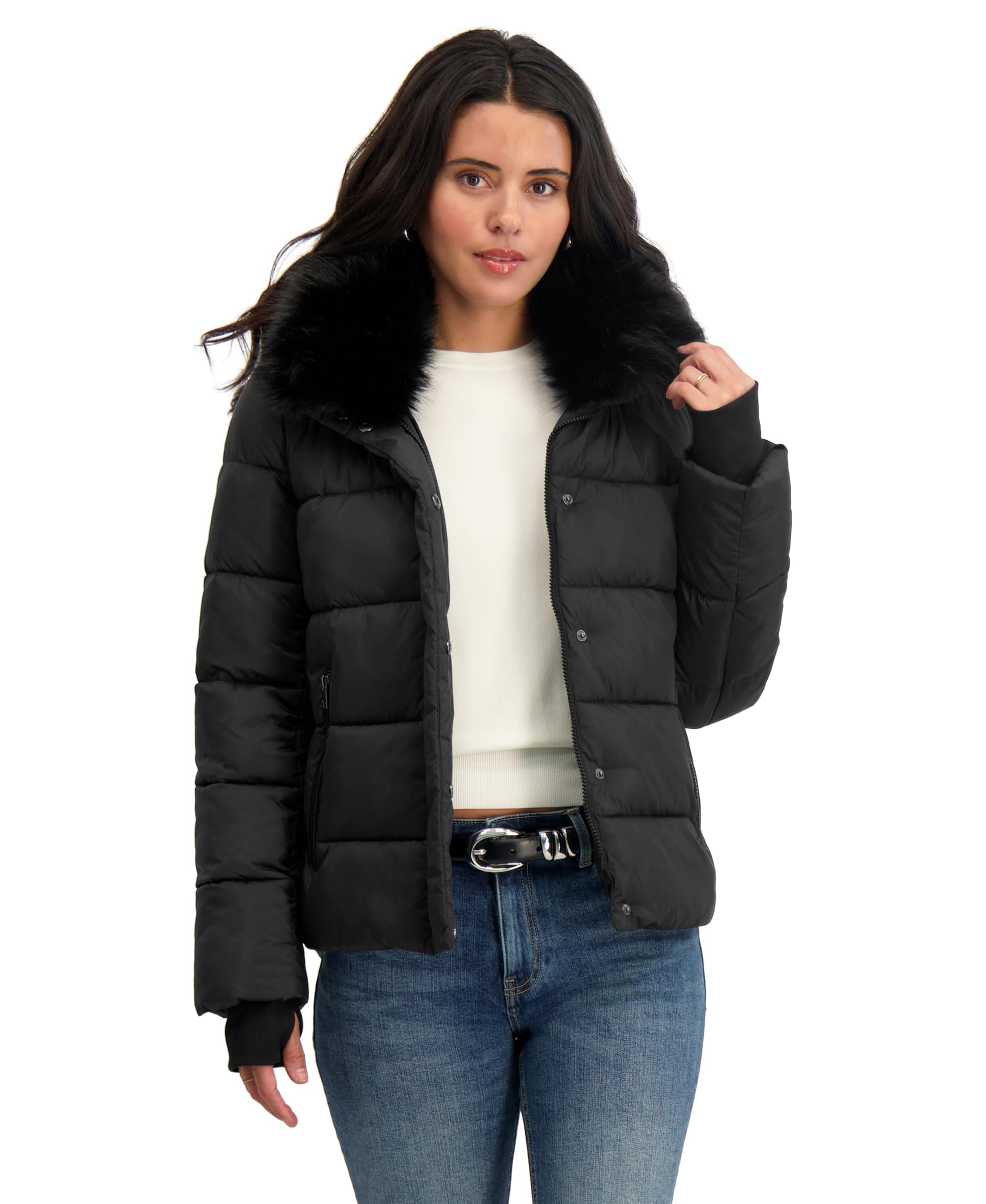 TAHARI Women's Short Quilted Puffer Jacket with Faux Fur Collar & Detachable Hood