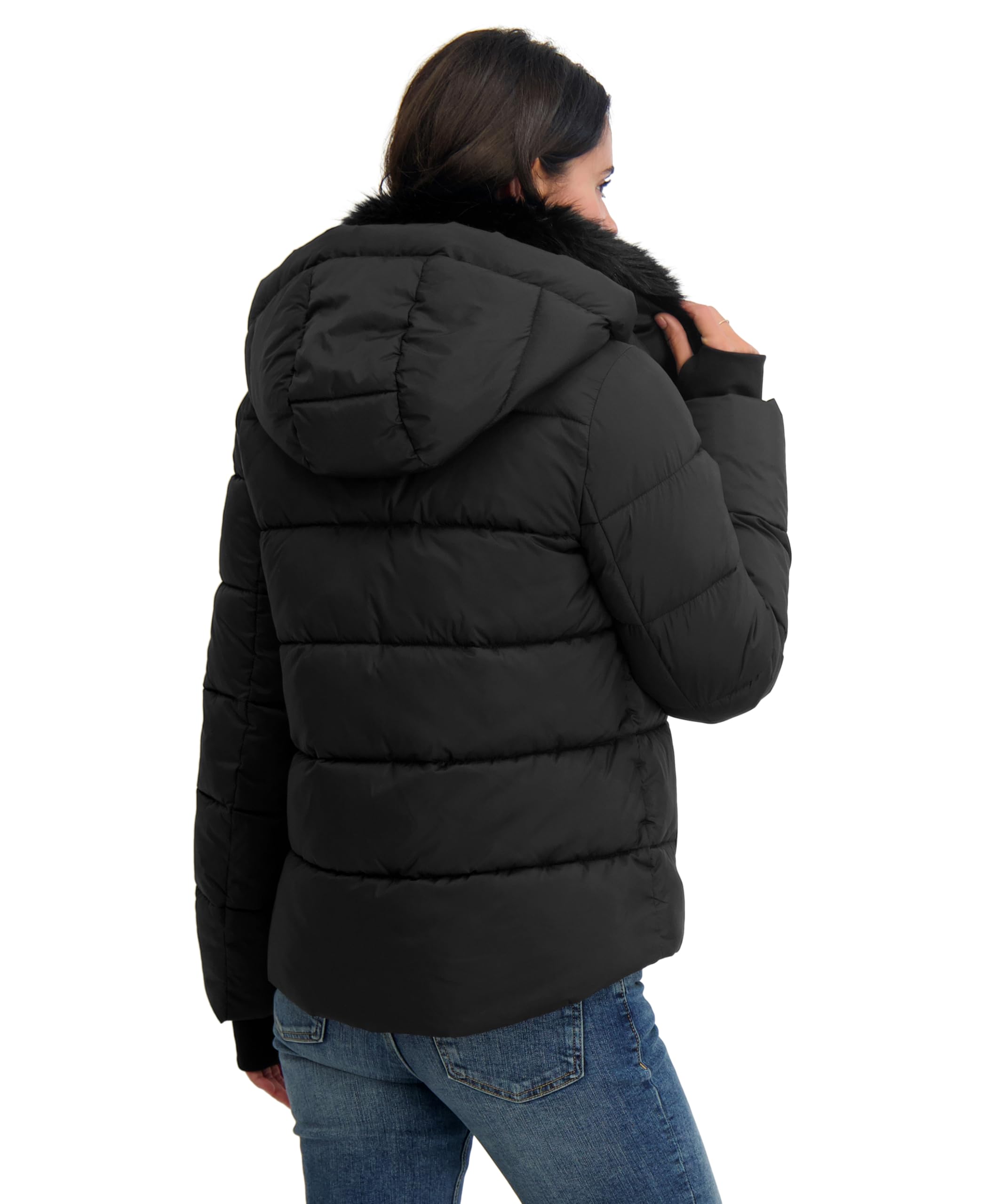 TAHARI Women's Short Quilted Puffer Jacket with Faux Fur Collar & Detachable Hood