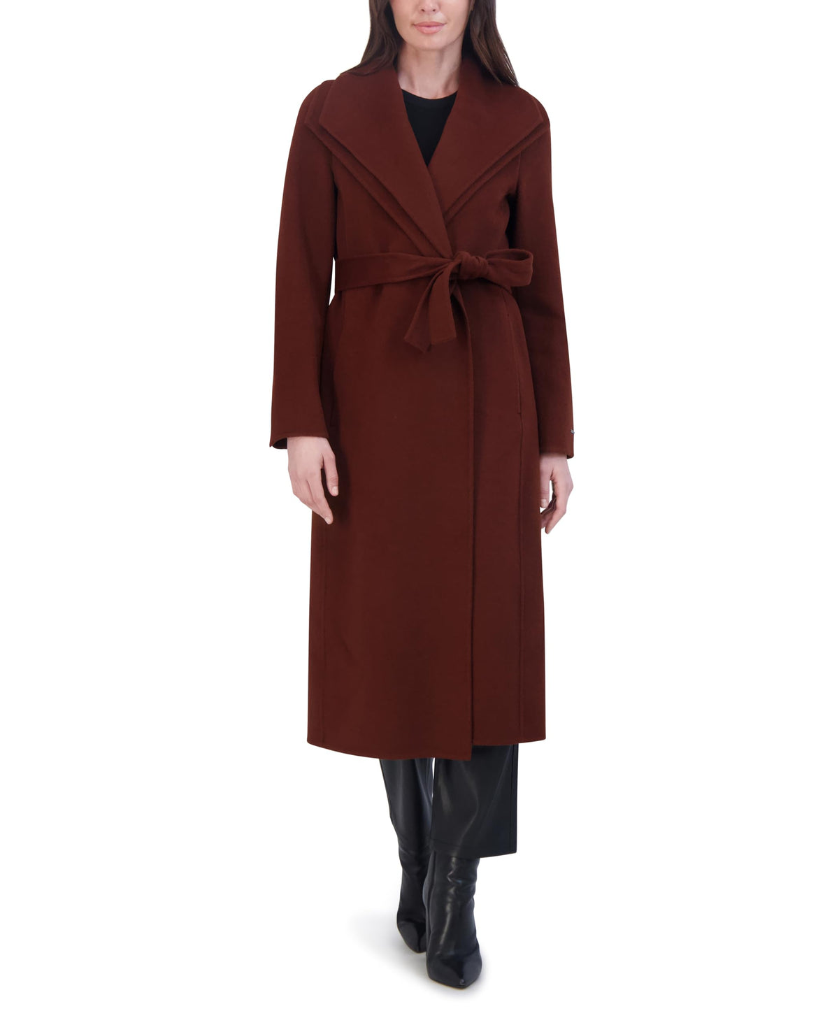 TAHARI Women's Slim Fit Double-Faced Wool Blend Belted Wrap Coat