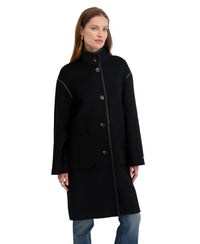 TAHARI Women's Single Breasted Soft Wool Topper Coat with PU Trim, Black