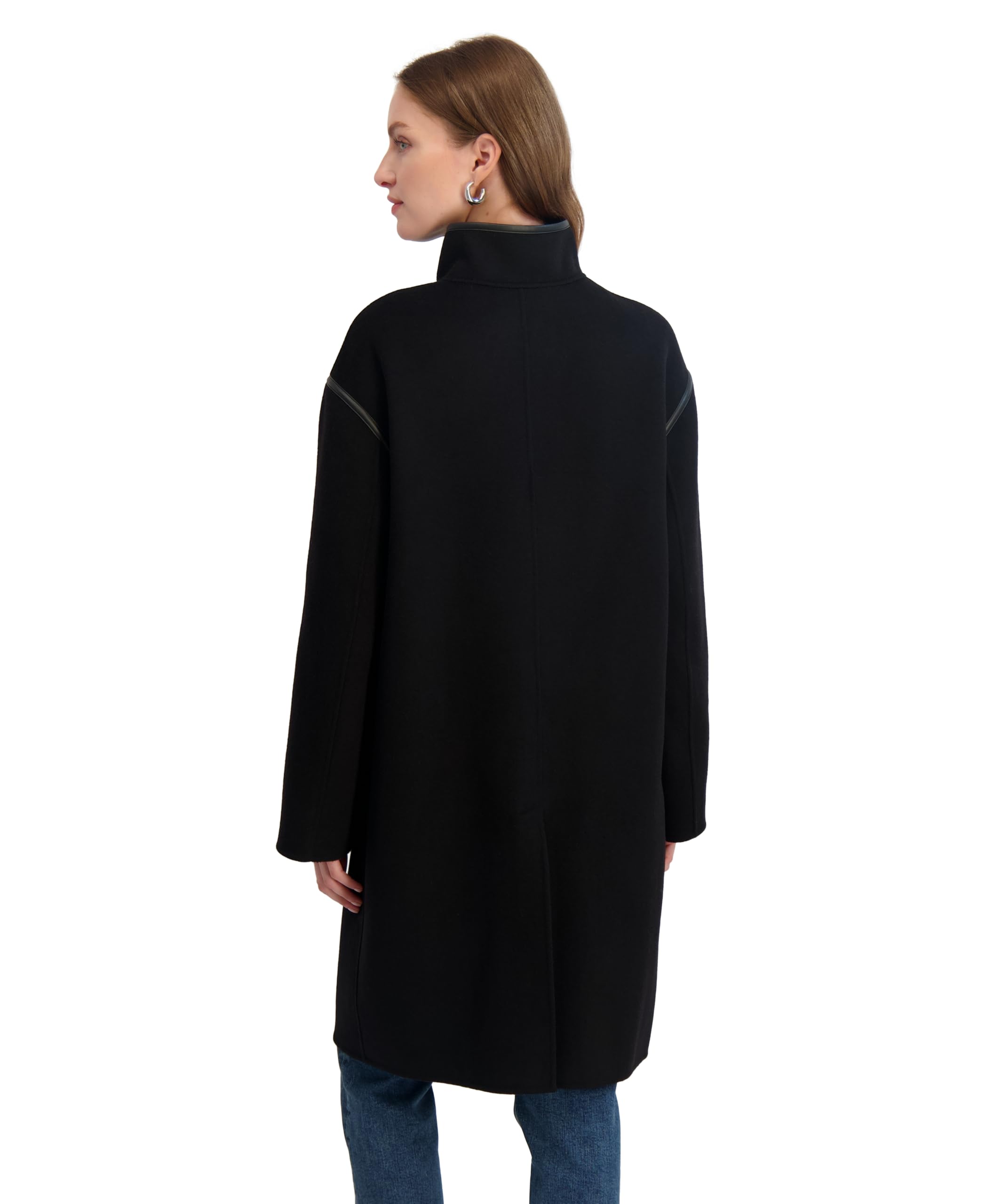 TAHARI Women's Single Breasted Soft Wool Topper Coat with PU Trim, Black