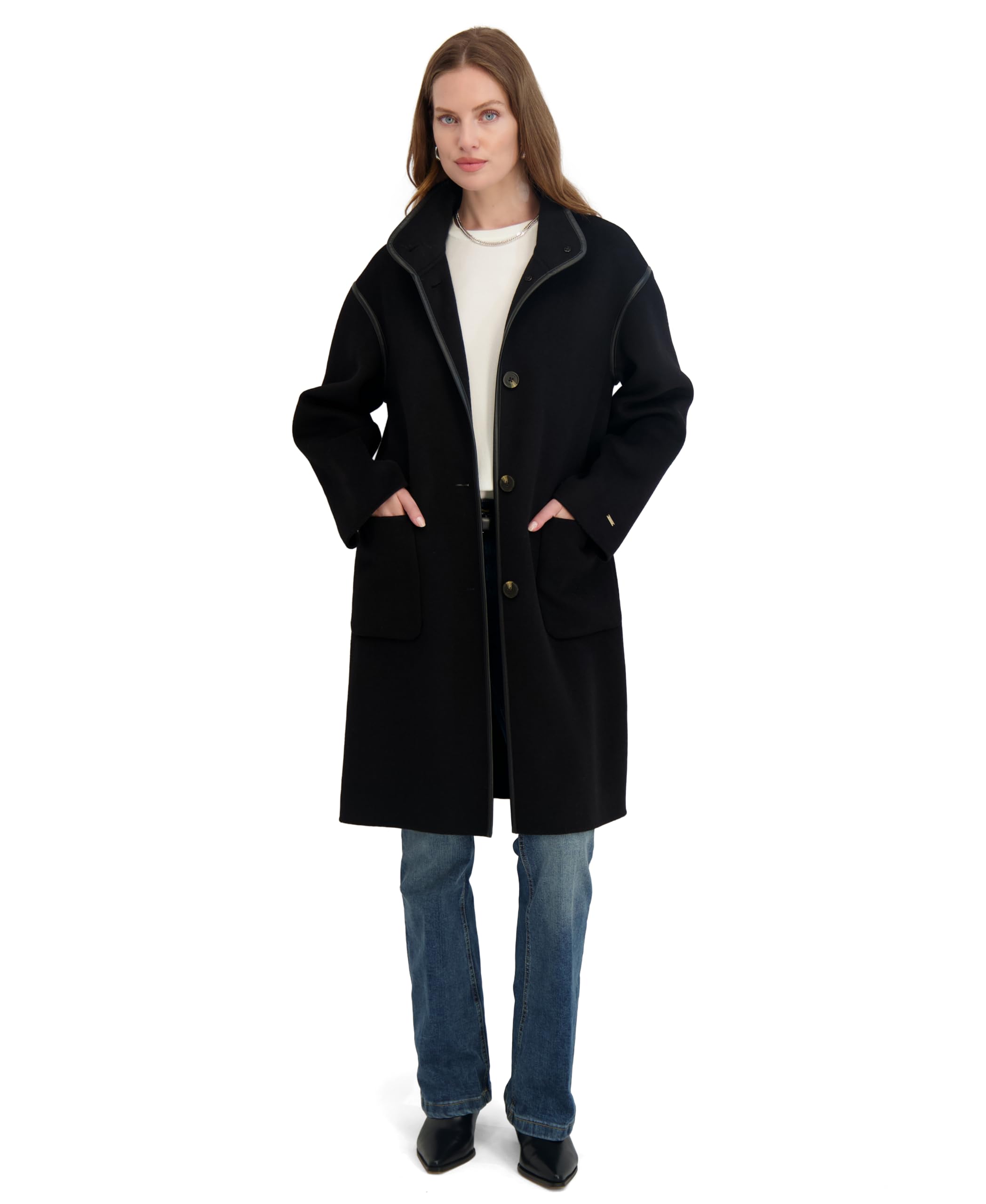 TAHARI Women's Single Breasted Soft Wool Topper Coat with PU Trim, Black