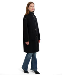 TAHARI Women's Single Breasted Soft Wool Topper Coat with PU Trim, Black