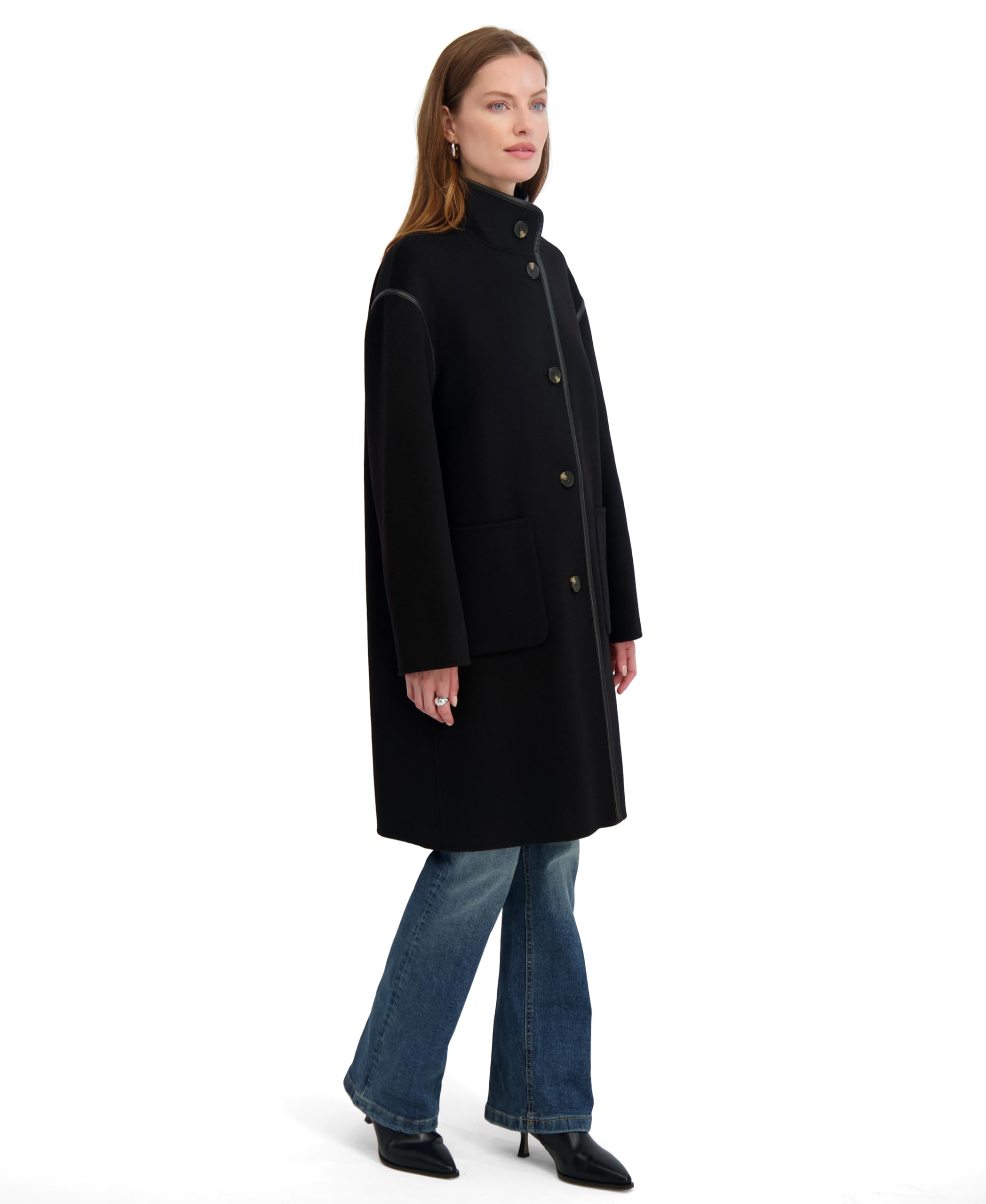 TAHARI Women's Single Breasted Soft Wool Topper Coat with PU Trim, Black