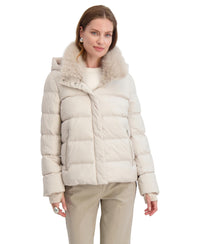 TAHARI Women's Short Quilted Puffer Jacket with Faux Fur Collar & Detachable Hood
