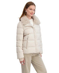TAHARI Women's Short Quilted Puffer Jacket with Faux Fur Collar & Detachable Hood