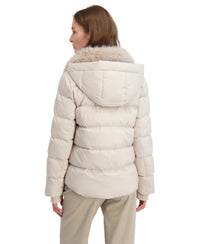 TAHARI Women's Short Quilted Puffer Jacket with Faux Fur Collar & Detachable Hood
