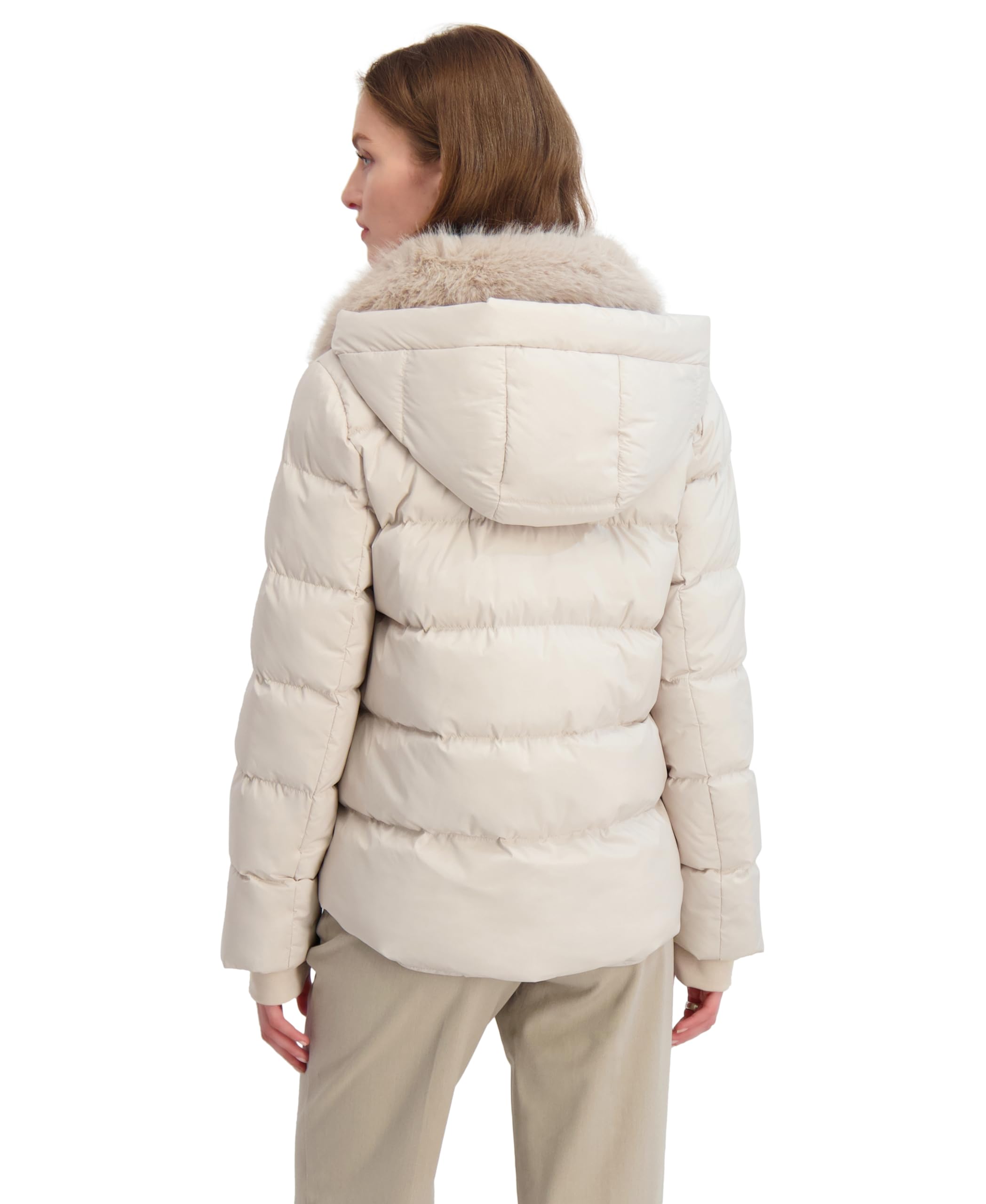 TAHARI Women's Short Quilted Puffer Jacket with Faux Fur Collar & Detachable Hood