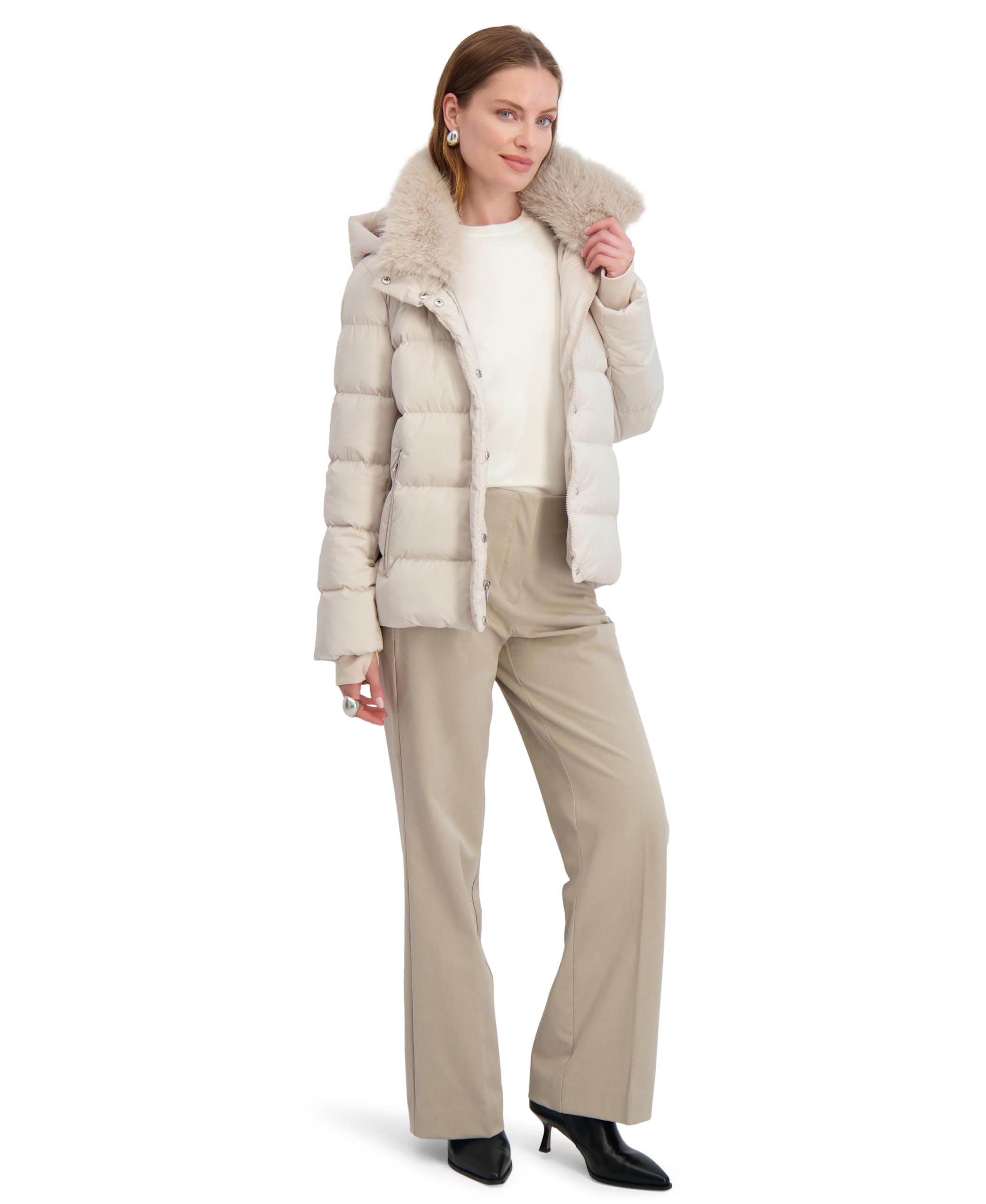 TAHARI Women's Short Quilted Puffer Jacket with Faux Fur Collar & Detachable Hood