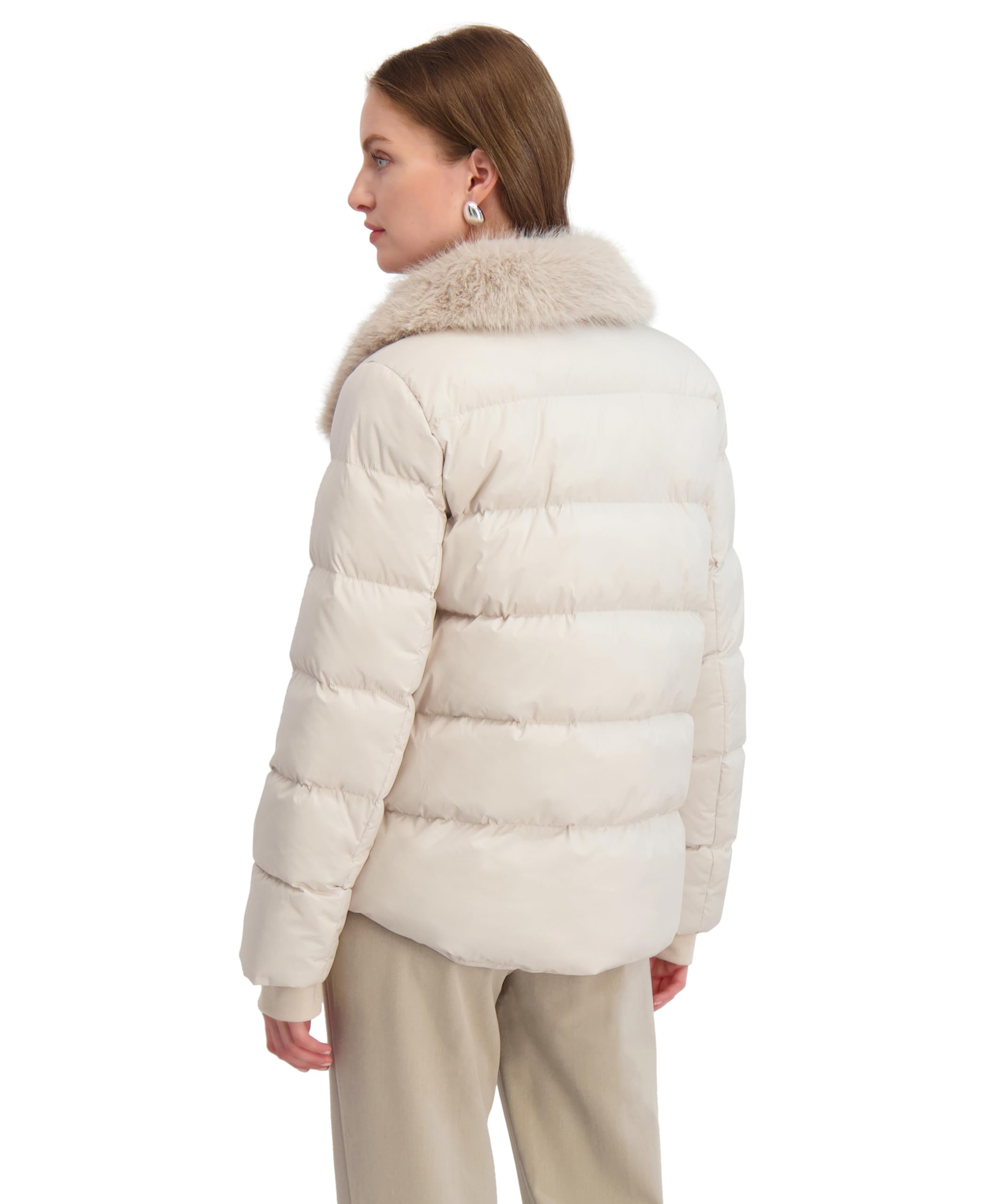TAHARI Women's Short Quilted Puffer Jacket with Faux Fur Collar & Detachable Hood