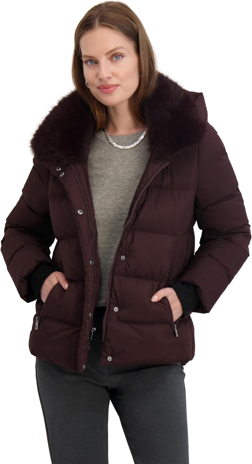 TAHARI Women's Short Quilted Puffer Jacket with Faux Fur Collar & Detachable Hood