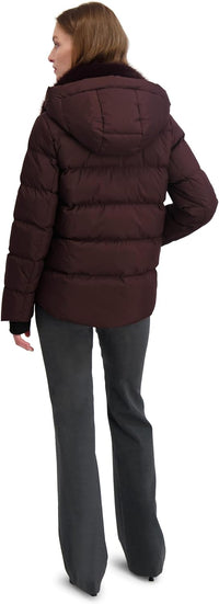 TAHARI Women's Short Quilted Puffer Jacket with Faux Fur Collar & Detachable Hood