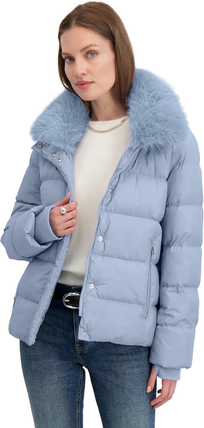 TAHARI Women's Short Quilted Puffer Jacket with Faux Fur Collar & Detachable Hood