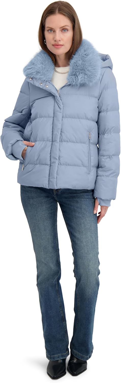 TAHARI Women's Short Quilted Puffer Jacket with Faux Fur Collar & Detachable Hood
