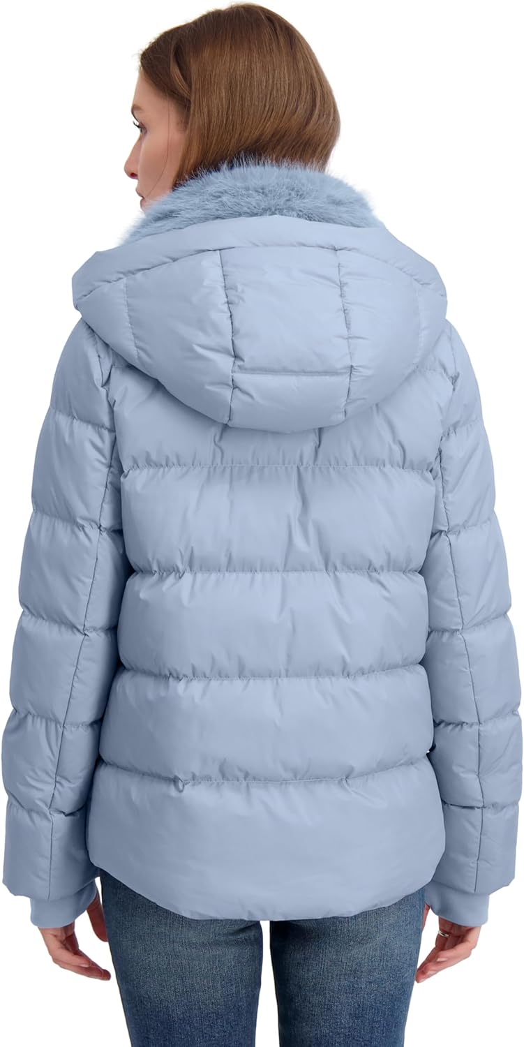 TAHARI Women's Short Quilted Puffer Jacket with Faux Fur Collar & Detachable Hood