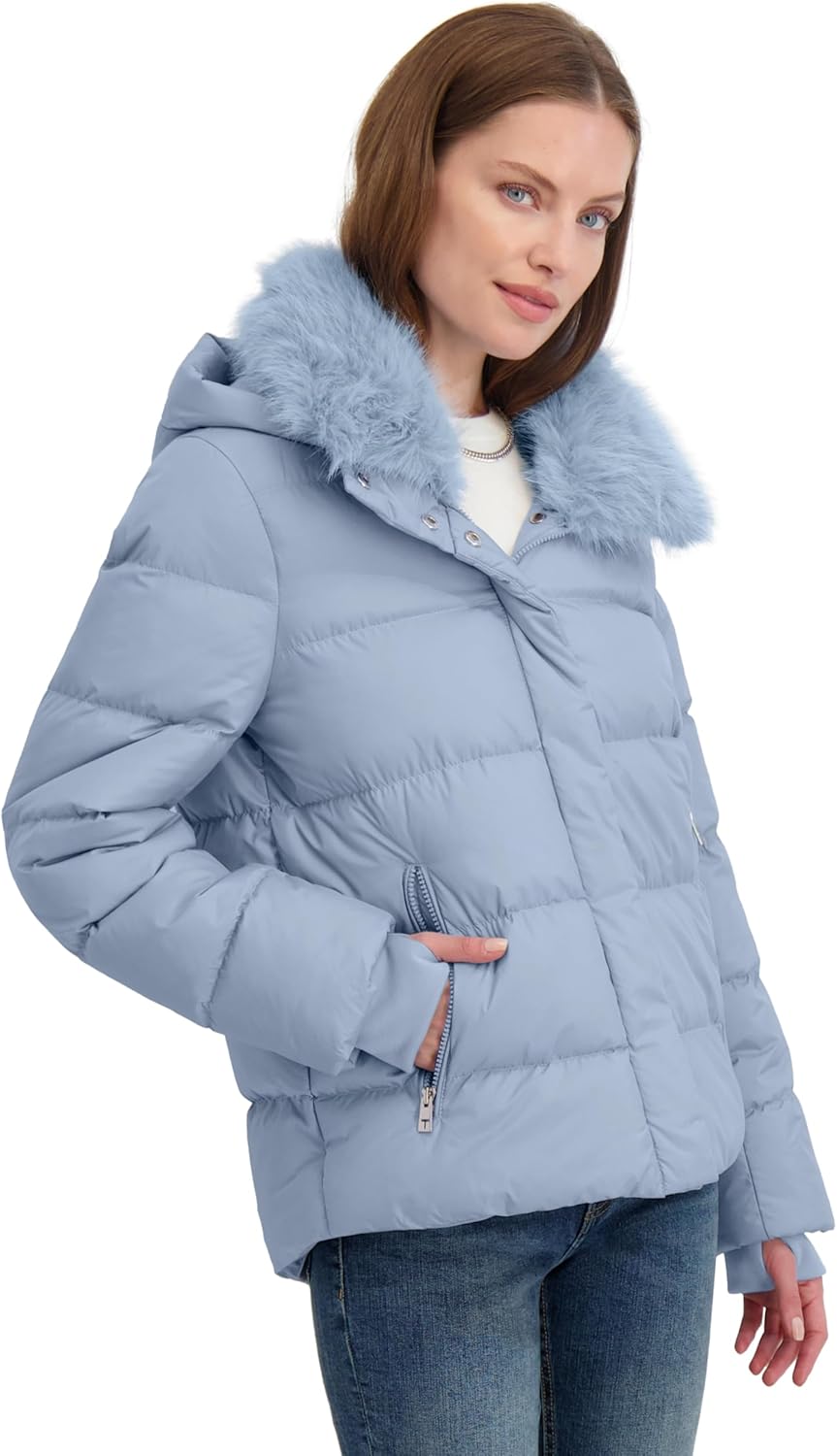 TAHARI Women's Short Quilted Puffer Jacket with Faux Fur Collar & Detachable Hood