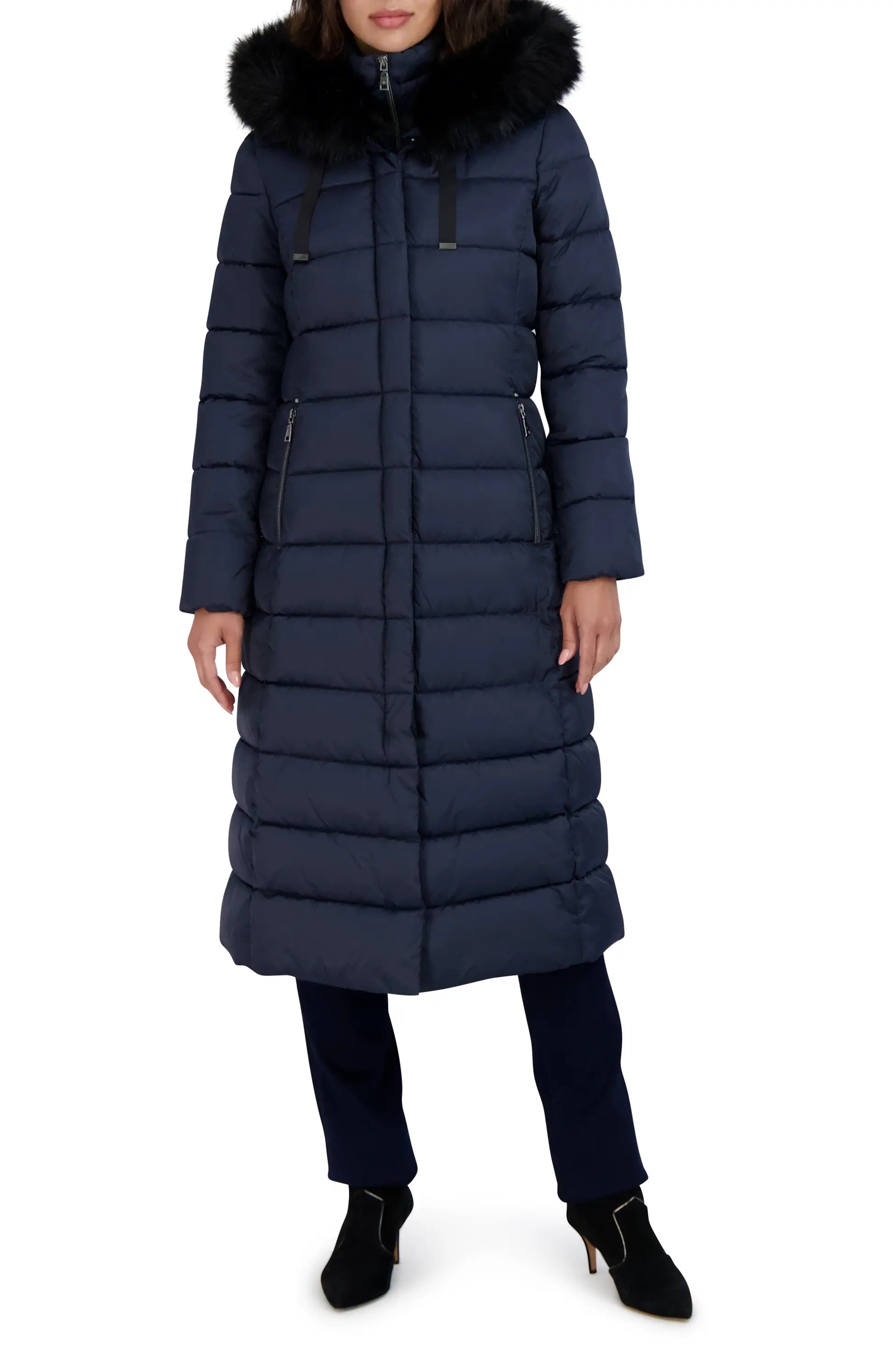 TAHARI Women's Phoebe Oversized Faux Fur Trim Maxi Coat