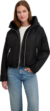 Laundry by Shelli Segal Women's Heavyweight Windbreaker Jacket with Sherpa Lined Hood, Black