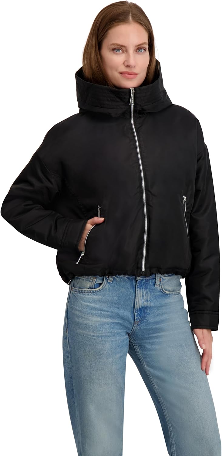 Laundry by Shelli Segal Women's Heavyweight Windbreaker Jacket with Sherpa Lined Hood, Black