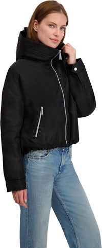 Laundry by Shelli Segal Women's Heavyweight Windbreaker Jacket with Sherpa Lined Hood, Black