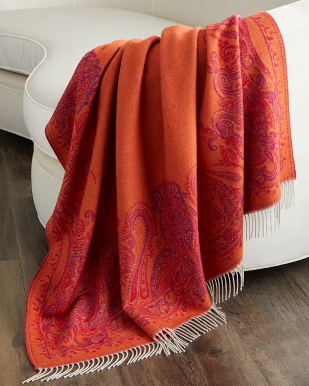 Etro Lagos Wool Fringed Throw Blanket, Orange