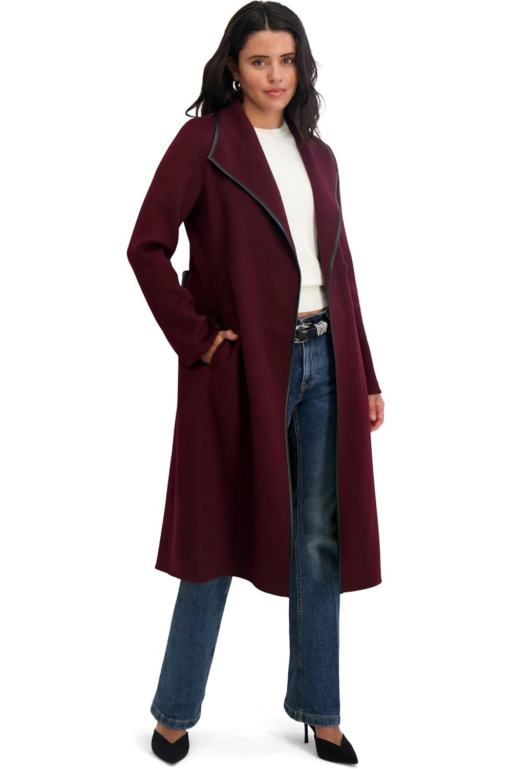 Tahari Women's Double-Faced Luxury Soft Wool Blend Long Wrap Coat, Cherry