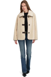 TAHARI Women's Faux Shearling Jacket with PU Trim, Light Beige