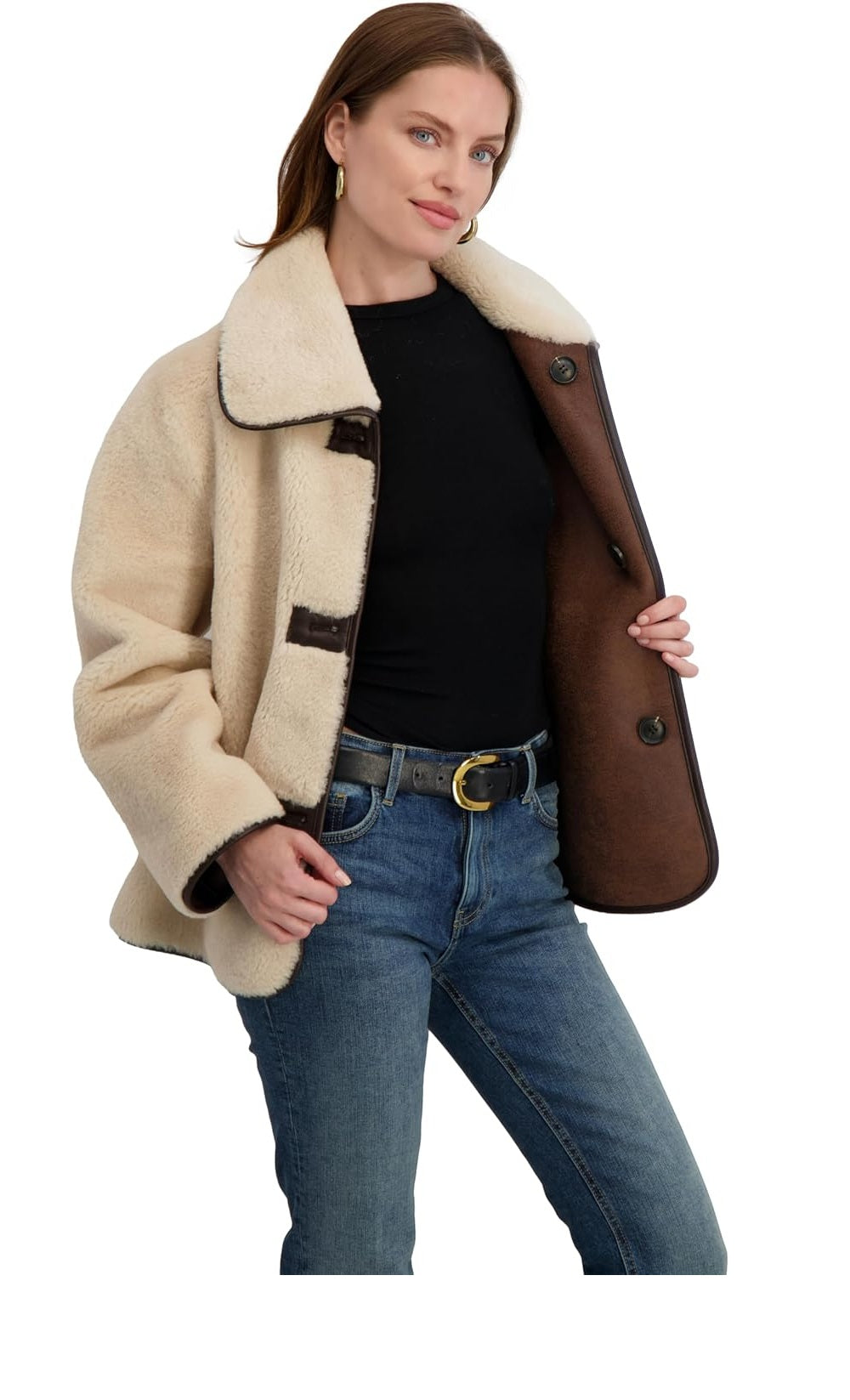 TAHARI Women's Faux Shearling Jacket with PU Trim, Light Beige