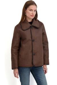 TAHARI Women's Faux Shearling Jacket with PU Trim, Light Beige