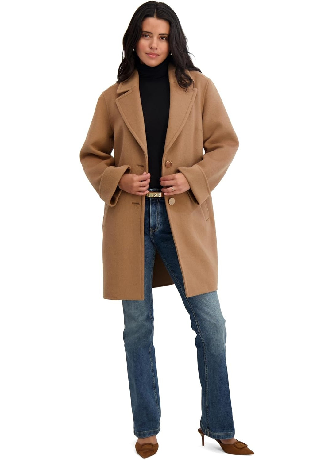 TAHARI Women's Relaxed Double-Faced Soft Wool Topper Coat with Front Buttons, Camel