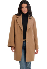 TAHARI Women's Relaxed Double-Faced Soft Wool Topper Coat with Front Buttons, Camel
