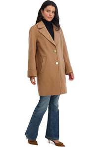 TAHARI Women's Relaxed Double-Faced Soft Wool Topper Coat with Front Buttons, Camel