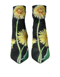 Dolce & Gabbana Black Floral Jersey Stretch Ankle Boots Women's Shoes