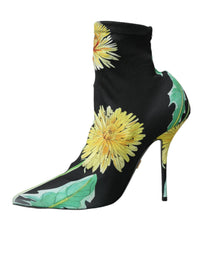 Dolce & Gabbana Black Floral Jersey Stretch Ankle Boots Women's Shoes