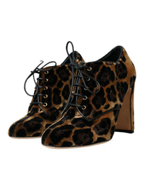 Dolce & Gabbana Brown Leopard Hair Lace Up Booties Women's Shoes