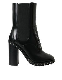 Dolce & Gabbana Black Leather Studded Lace Up Boots Women's Shoes