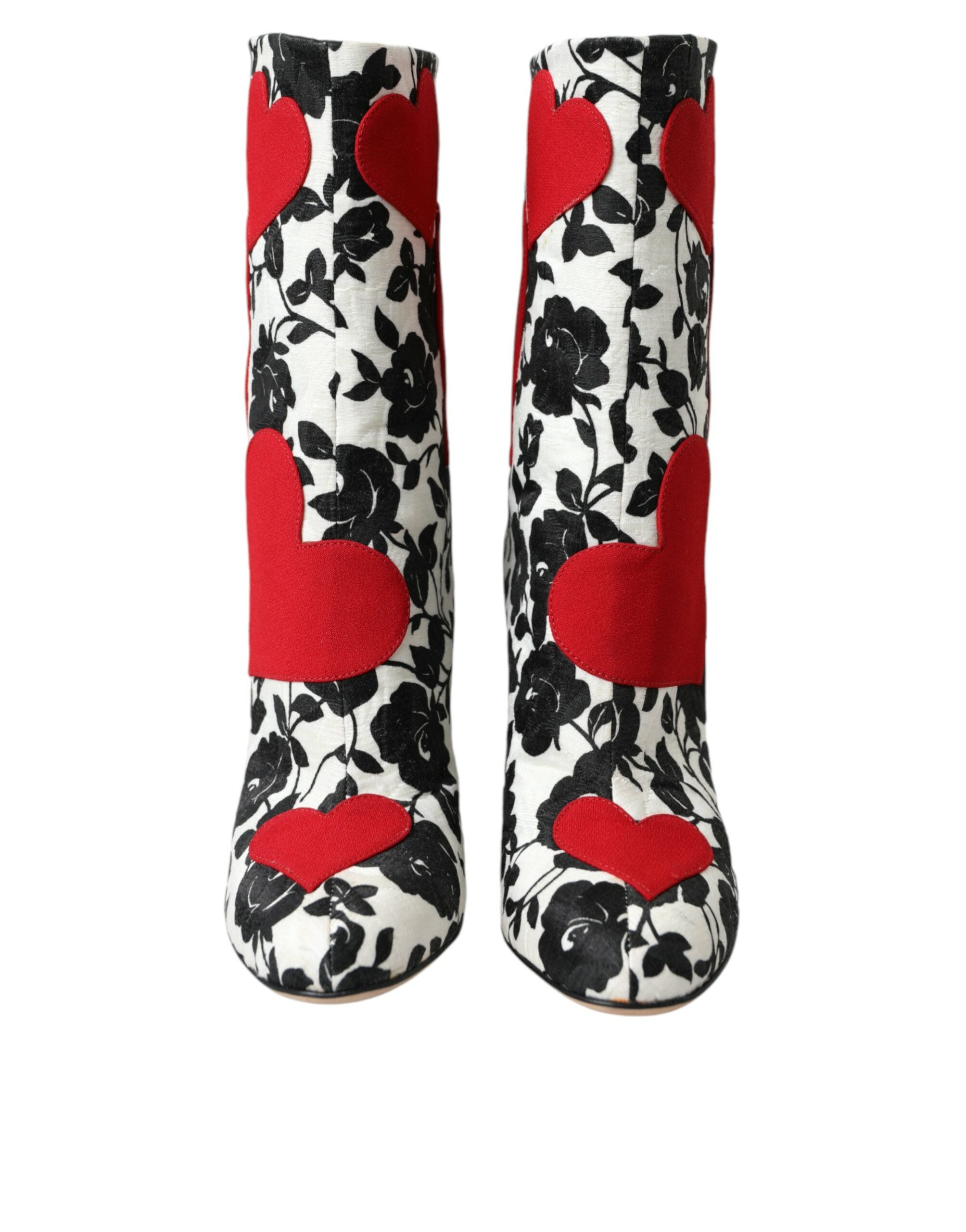 Dolce & Gabbana White Floral Hearts Leather High Boots Women's Shoes