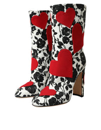 Dolce & Gabbana White Floral Hearts Leather High Boots Women's Shoes