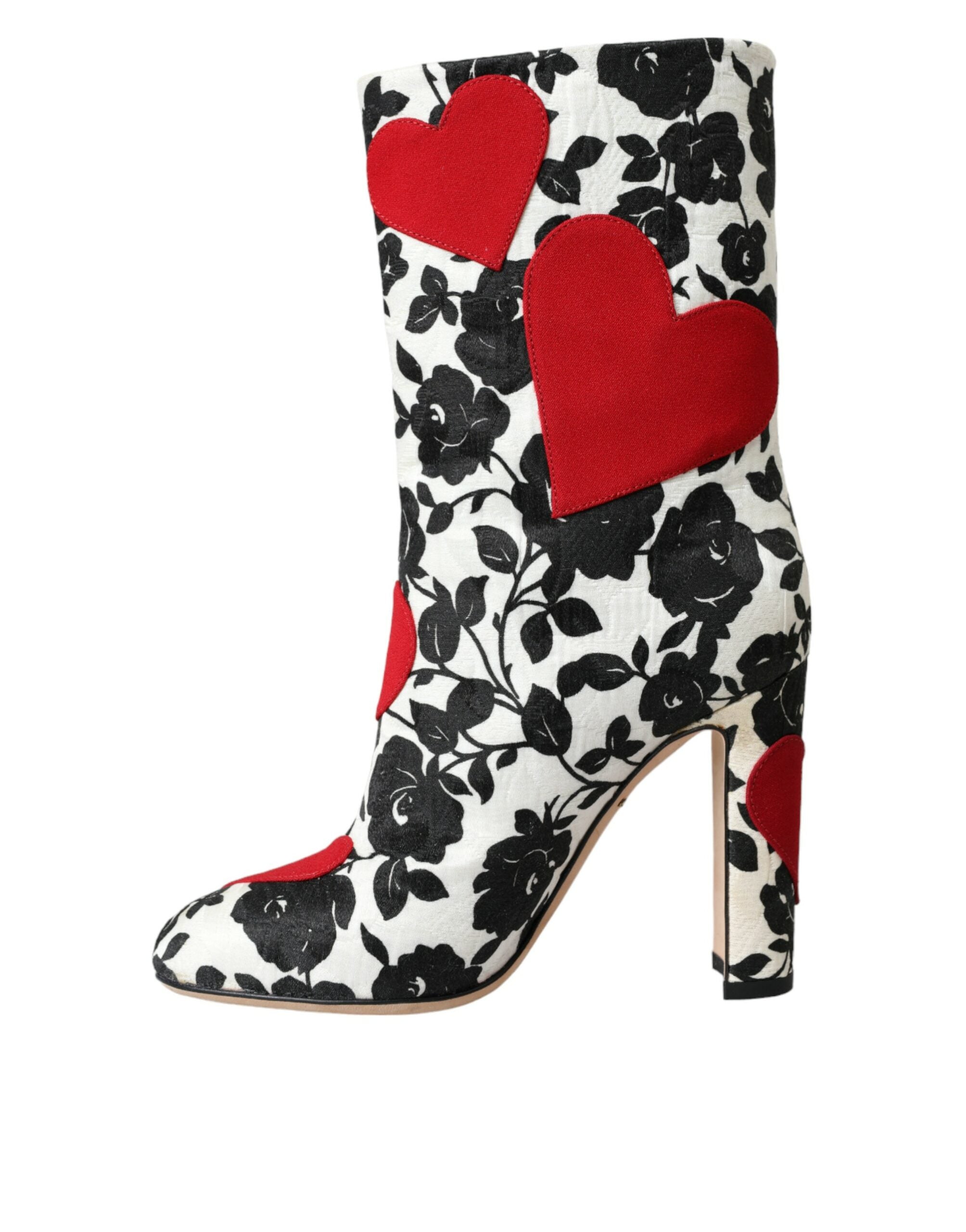Dolce & Gabbana White Floral Hearts Leather High Boots Women's Shoes