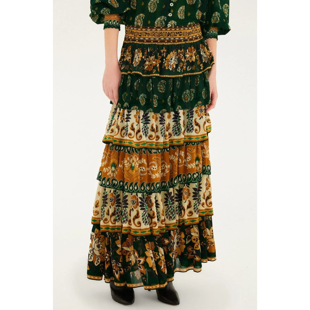 FARM Rio Women's Mixed Scarves Layered Maxi Skirt, Green