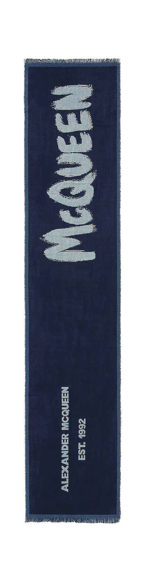 Alexander McQueen Oversized Graffiti Printed Frayed-Edge Scarf, Navy/Ivory
