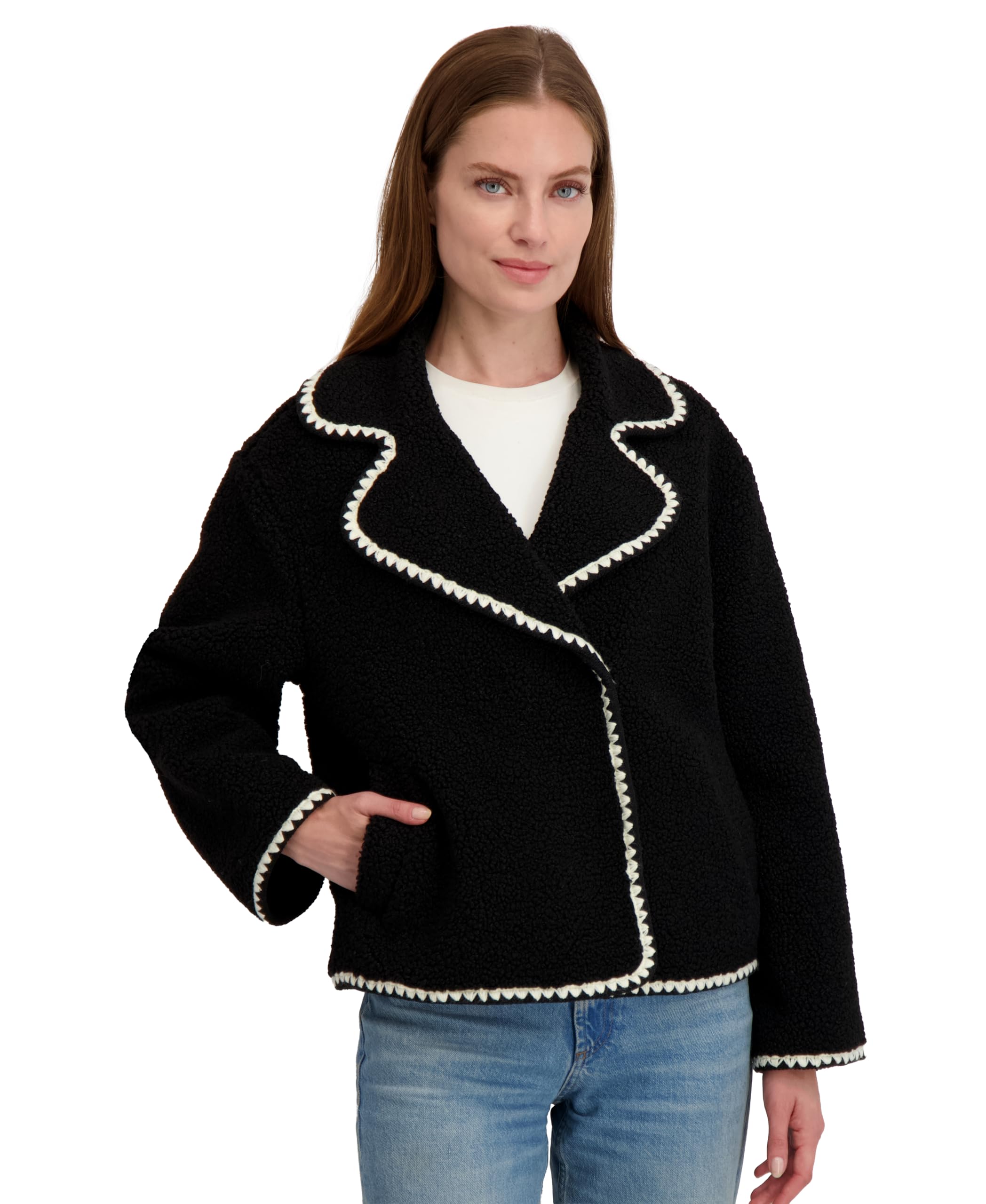 Laundry by Shelli Segal Women's Short Faux Sherpa Jacket with Hidden Snap Closure Black