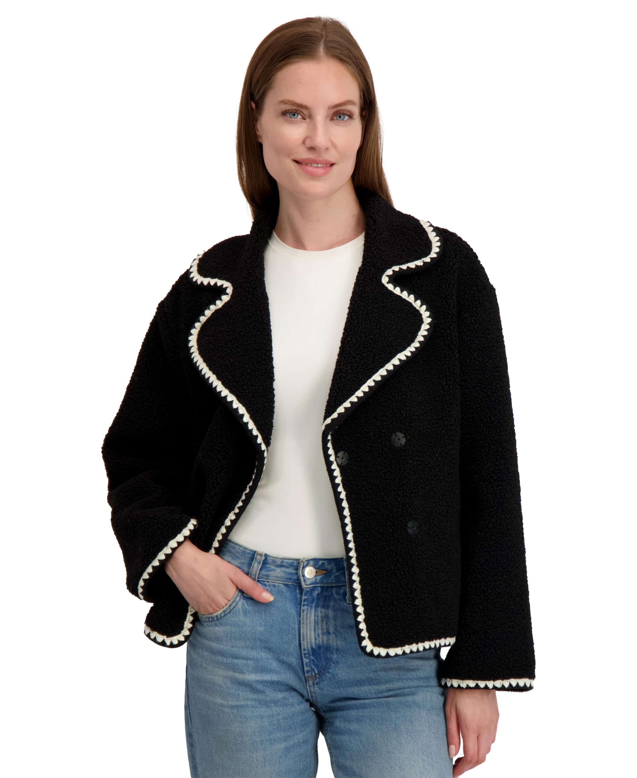 Laundry by Shelli Segal Women's Short Faux Sherpa Jacket with Hidden Snap Closure