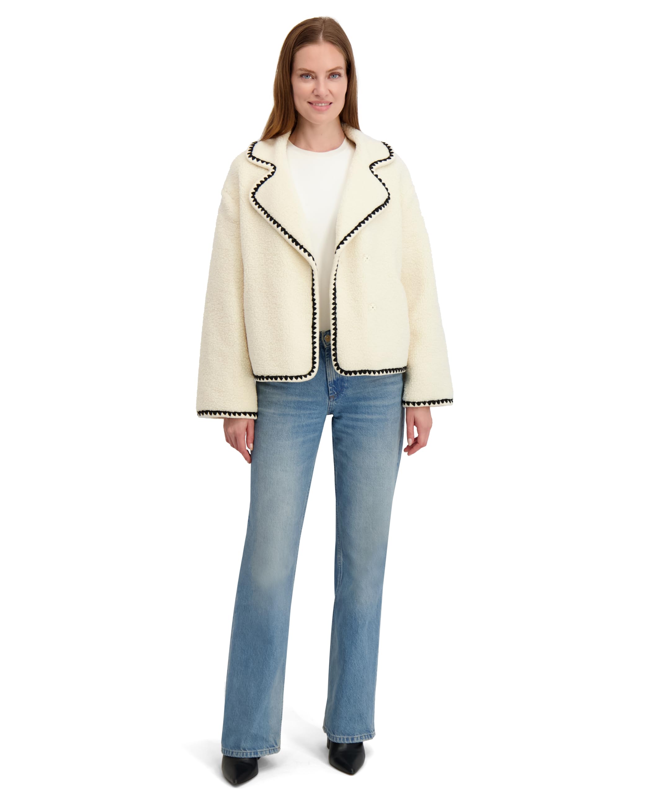 Laundry by Shelli Segal Women's Short Faux Sherpa Jacket with Hidden Snap Closure